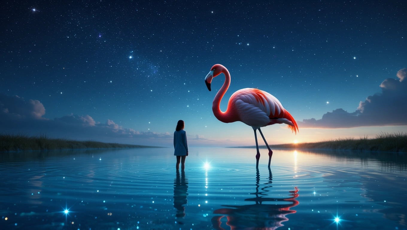 Mit jelent flamingóval álmodni? – Részletes álomfejtés és értelmezés Egy flamingó áll egy vízben álló lány mellett, csillagos ég alatt.