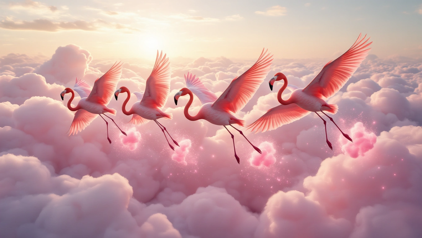 Mit jelent flamingóval álmodni? – Részletes álomfejtés és értelmezés Négy flamingó repül a rózsaszín felhők felett, napfényben fürödve.