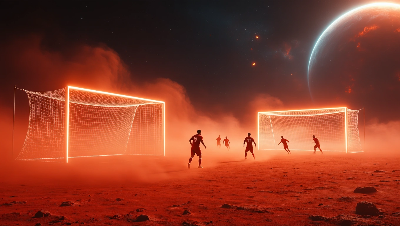 Mit jelent focimeccsel álmodni? – Részletes álomfejtés és értelmezés Focimeccs jelenete egy vörös bolygón, neon kapukkal és játékosokkal.