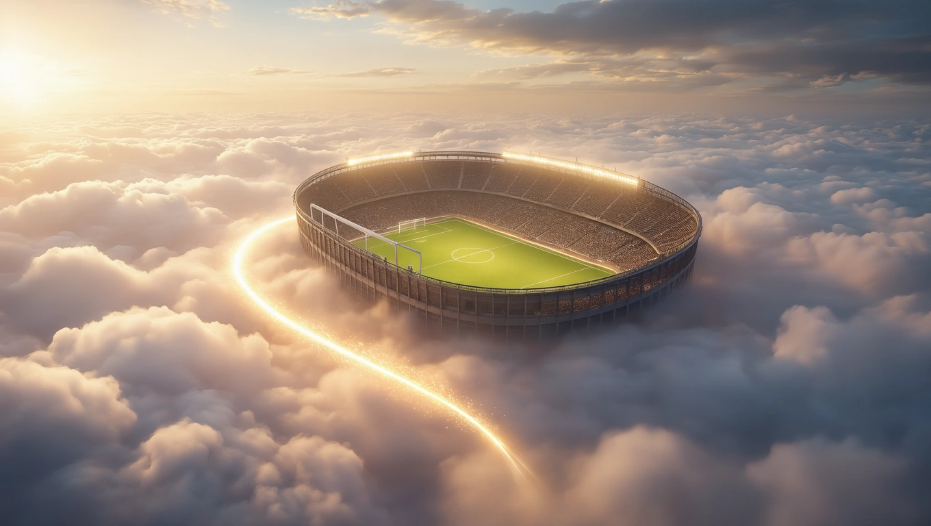 Mit jelent focimeccsel álmodni? – Részletes álomfejtés és értelmezés Focistadion lebeg a felhők felett, napfényben fürödve, zöld pályával.