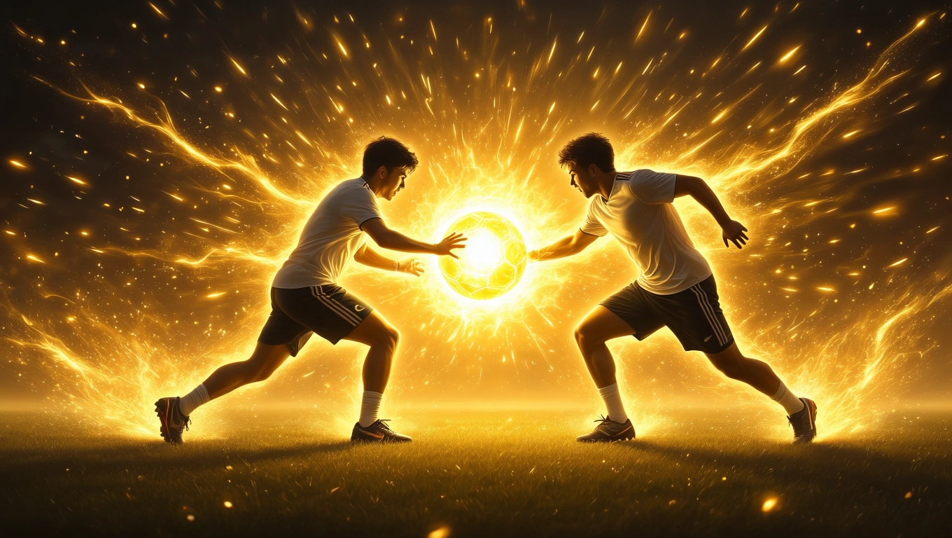Mit jelent focimeccsel álmodni? – Részletes álomfejtés és értelmezés Két focista küzd egy fénylő labdáért, energikus háttérrel.