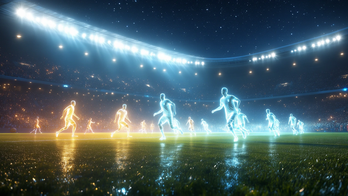 Mit jelent focimeccsel álmodni? – Részletes álomfejtés és értelmezés Focimeccs jelenete, ahol holografikus játékosok futnak a pályán.