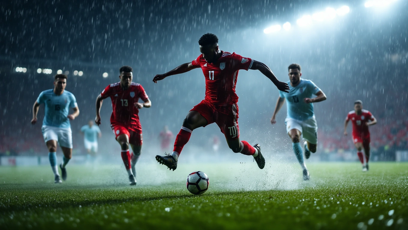 Mit jelent focimeccsel álmodni? – Részletes álomfejtés és értelmezés Focimeccs közben, esőben játszó játékosok, intenzív versengés.