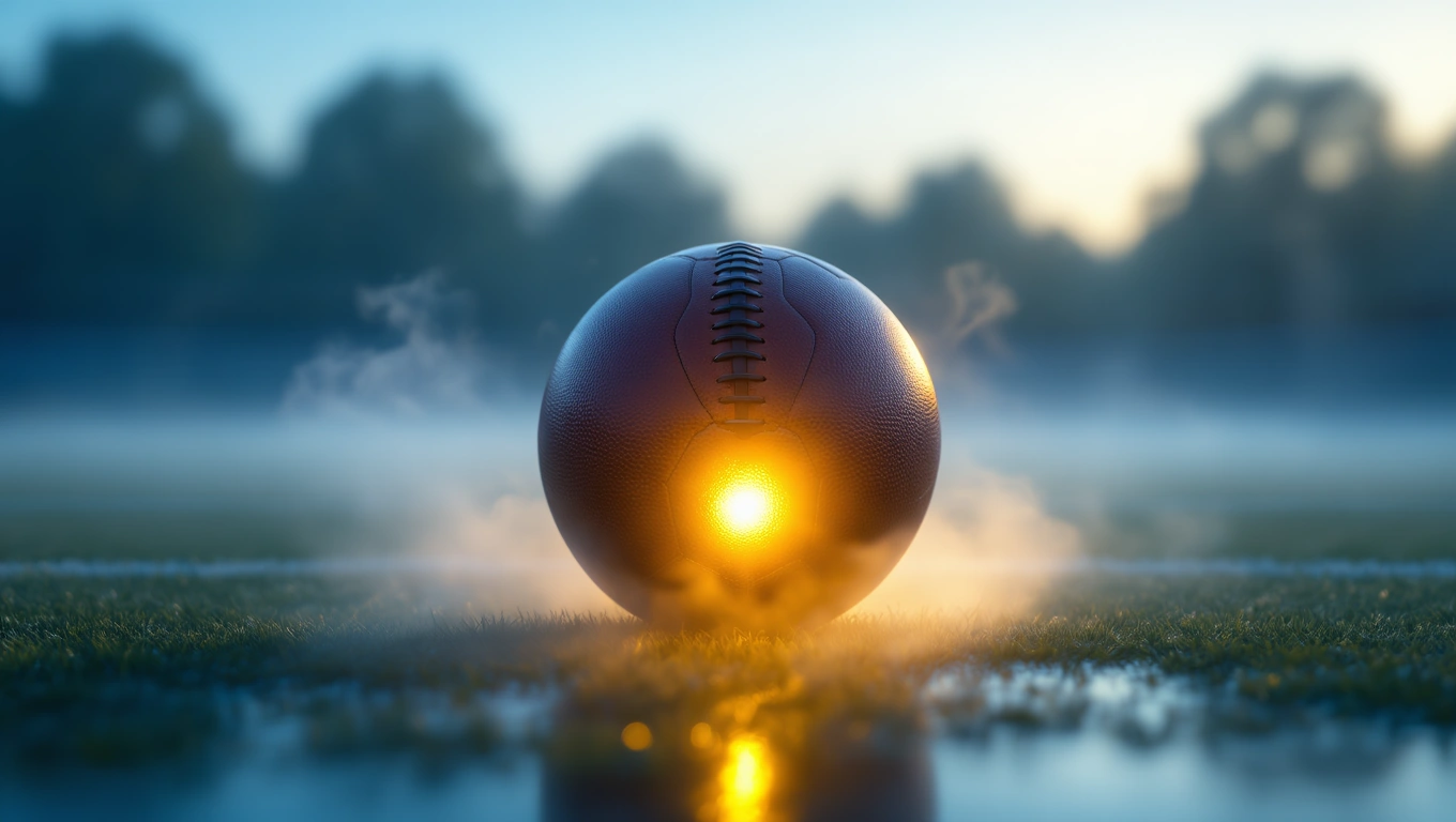 Mit jelent focimeccsel álmodni? – Részletes álomfejtés és értelmezés Egy foci labda, amelyből fény árad ki, zöld fű háttérrel.
