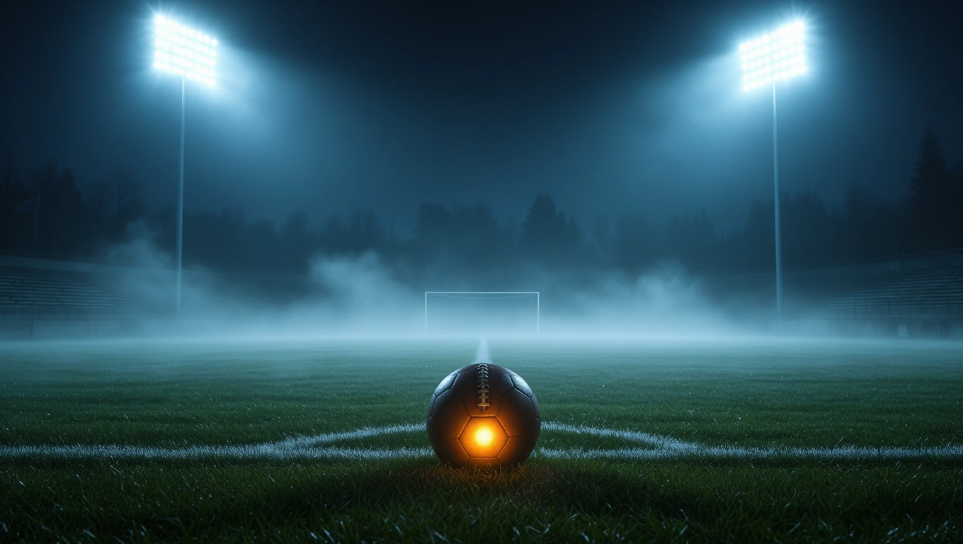 Mit jelent focimeccsel álmodni? – Részletes álomfejtés és értelmezés Egy világító focilabda fekszik a ködös pályán, háttérben a kapu.