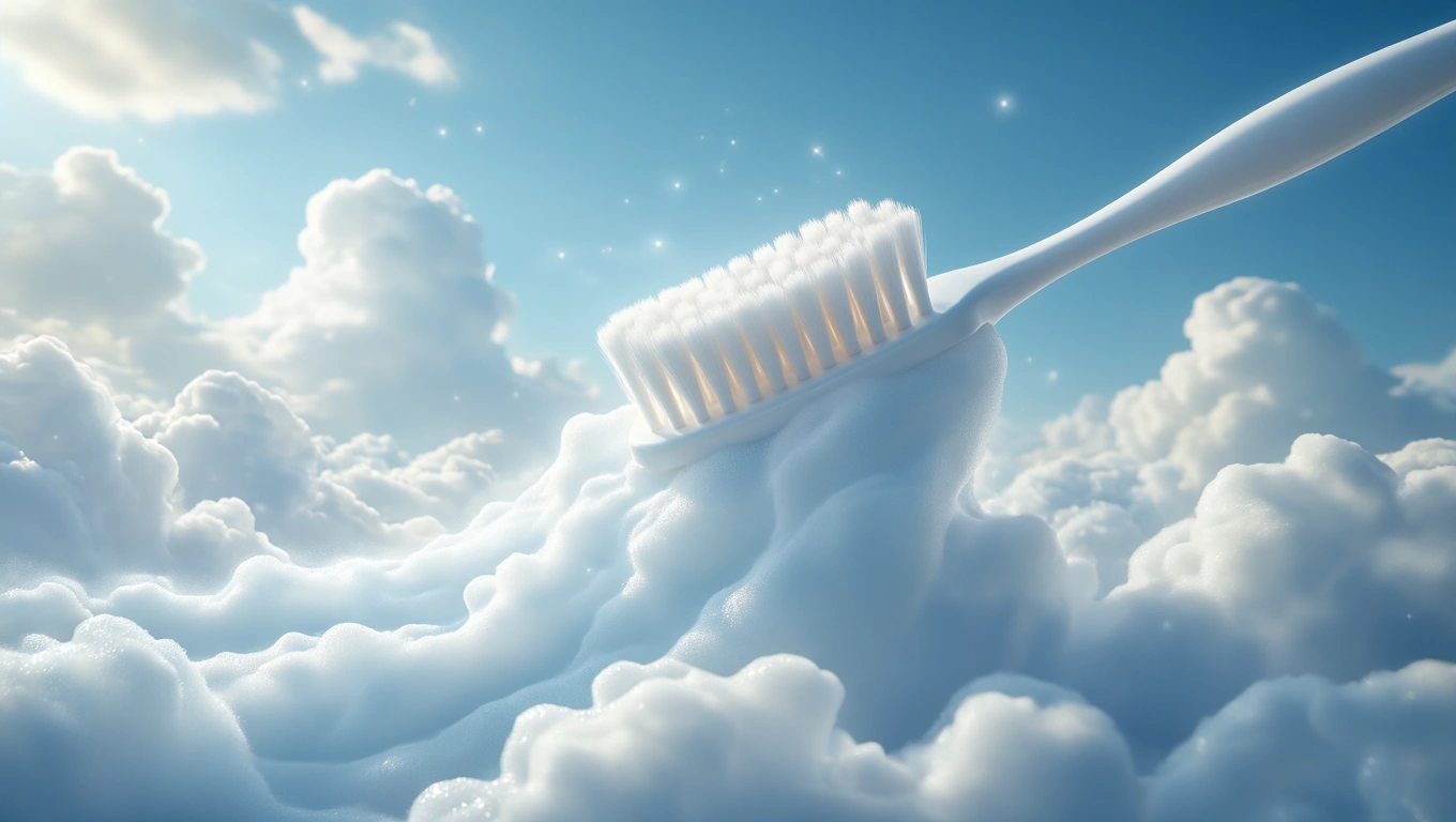 Mit jelent fogkefével álmodni? – Részletes álomfejtés és értelmezés Egy fogkefe lebeg egy felhőn, tiszta és fényes háttérrel.