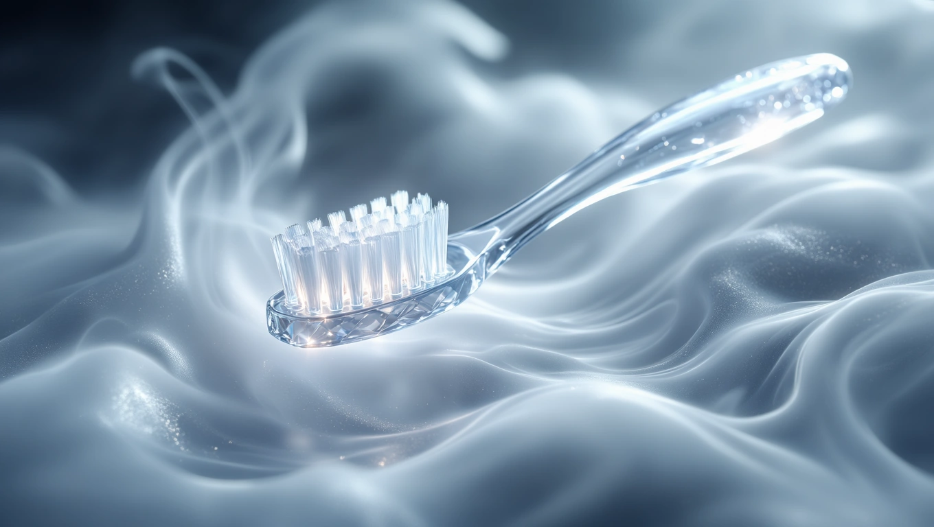 Mit jelent fogkefével álmodni? – Részletes álomfejtés és értelmezés Egy áttetsző fogkefe lebeg egy lágy, füstös háttér előtt.