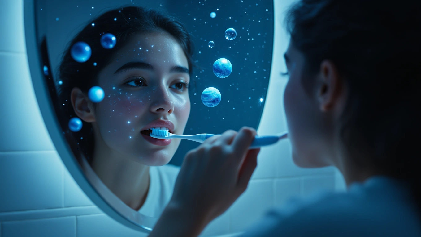 Mit jelent fogkefével álmodni? – Részletes álomfejtés és értelmezés Egy fiatal nő fogkefével a kezében néz a tükörbe, háttérben csillagokkal.