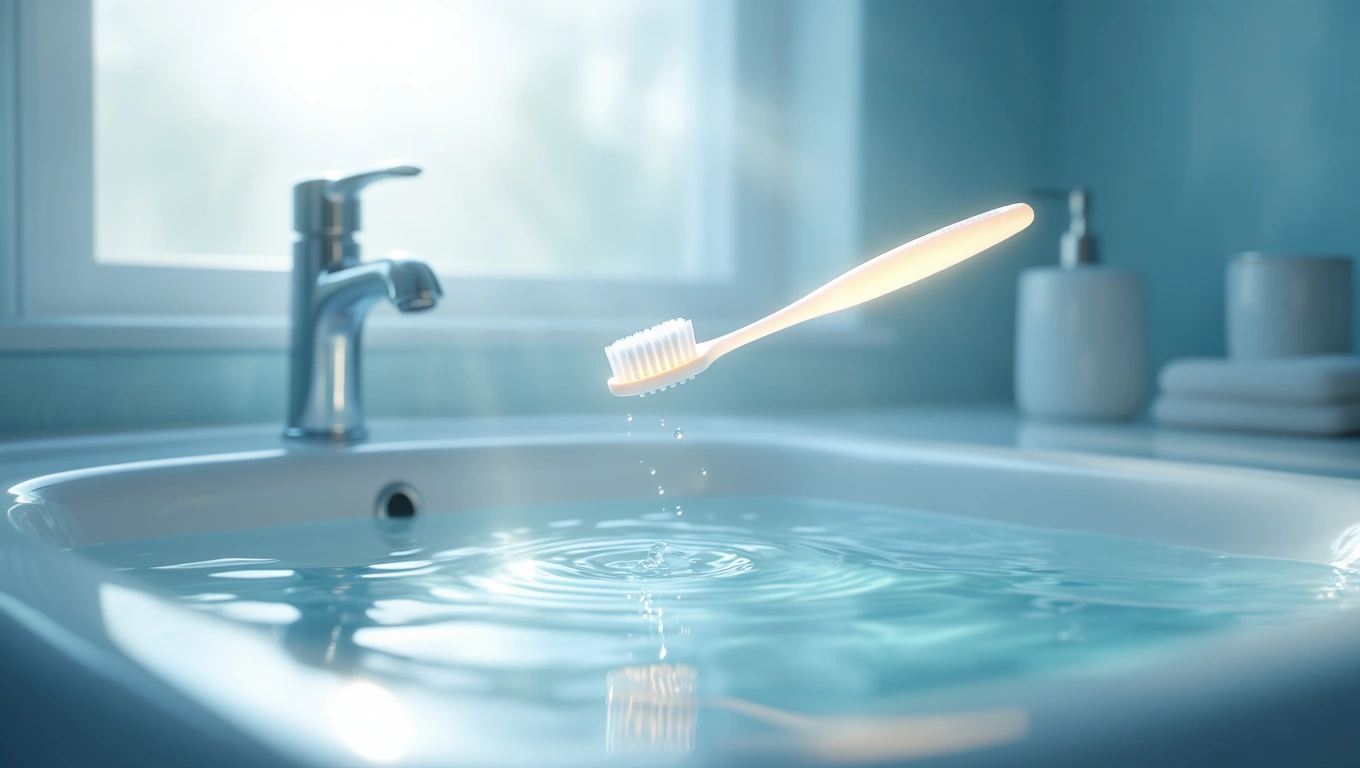Mit jelent fogkefével álmodni? – Részletes álomfejtés és értelmezés Egy fogkefe lebeg a víz felszínén egy fürdőszobában, világos háttérrel.