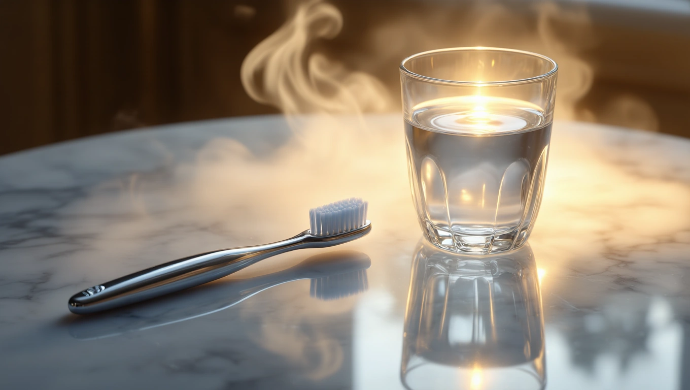 Mit jelent fogkefével álmodni? – Részletes álomfejtés és értelmezés Egy fogkefe és egy vízzel teli pohár áll egy márványasztalon, gőzölögve.