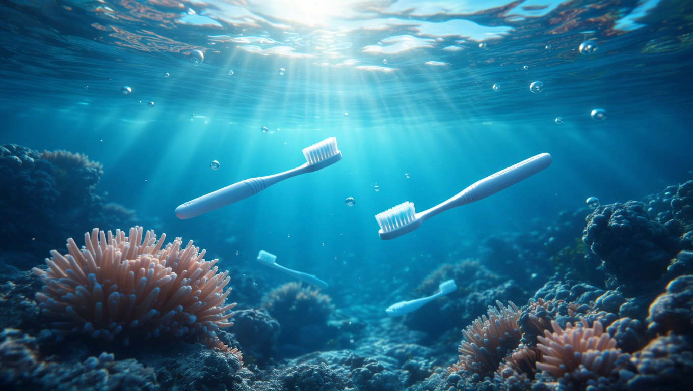 Mit jelent fogkefével álmodni? – Részletes álomfejtés és értelmezés Két fogkefe lebeg az óceán mélyén, korallok között, fénycsóvák alatt.