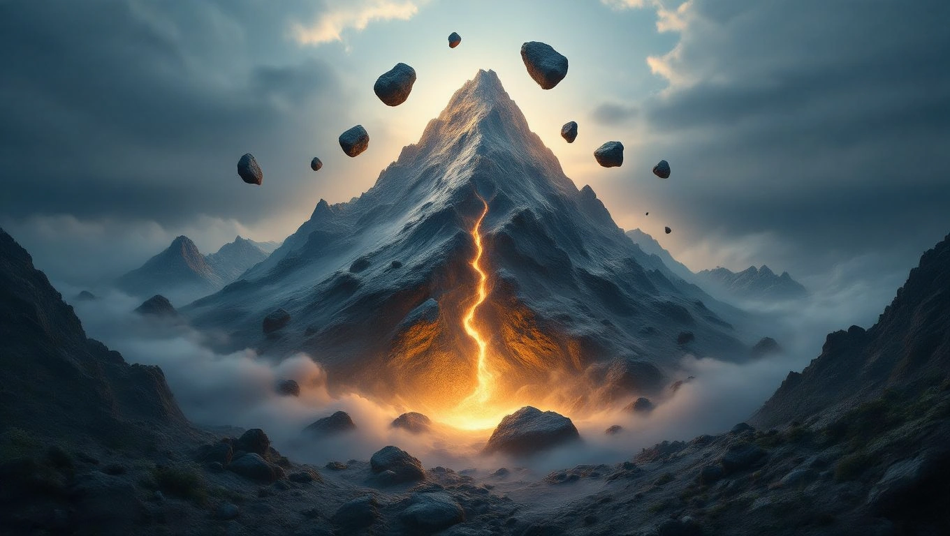 Mit jelent földcsuszamlással álmodni? – Részletes álomfejtés és értelmezés Egy hegy, amelyből láva tör elő, kövek lebegnek a levegőben, sötét felhők között.