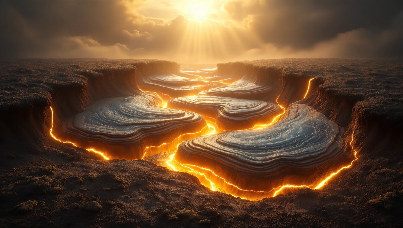 Mit jelent földcsuszamlással álmodni? – Részletes álomfejtés és értelmezés Egy földcsuszamlás nyomai, lángoló repedésekkel a föld felszínén.