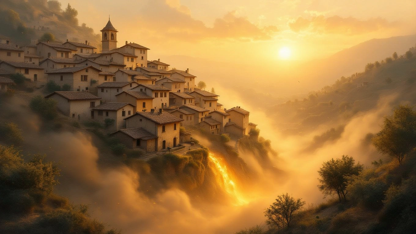 Mit jelent földcsuszamlással álmodni? – Részletes álomfejtés és értelmezés Egy hegyoldalon fekvő falucska, ahol földcsuszamlás látható, naplementében.