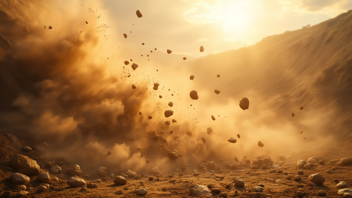 Mit jelent földcsuszamlással álmodni? – Részletes álomfejtés és értelmezés Földcsuszamlás során repülő kövek és porfelhő a napfényben.