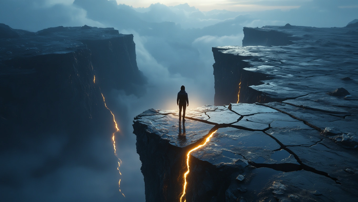 Mit jelent földcsuszamlással álmodni? – Részletes álomfejtés és értelmezés Egy magányos figura áll egy repedezett sziklafalon, mély szakadék felett.