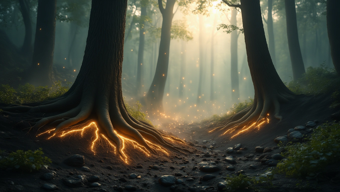 Mit jelent földcsuszamlással álmodni? – Részletes álomfejtés és értelmezés Egy erdő mélyén, gyökerekkel és fénnyel átszőtt talaj.