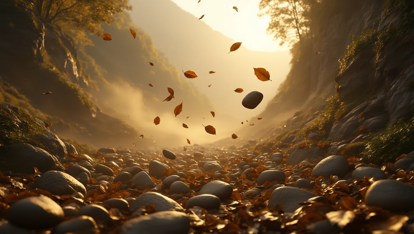 Mit jelent földcsuszamlással álmodni? – Részletes álomfejtés és értelmezés Egy kövekkel és falevelekkel borított völgy, ahol a napfény átsüt a fákról.