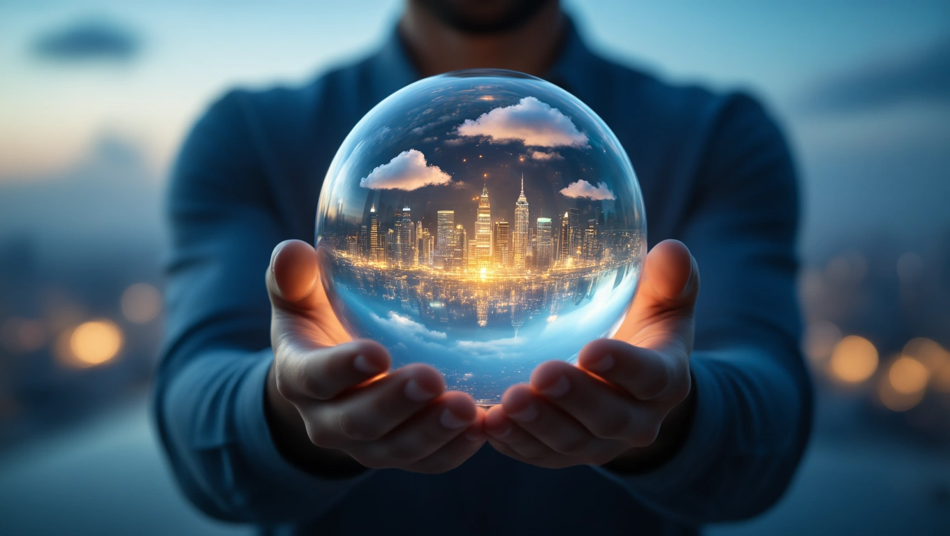 Mit jelent földgömbről álmodni? – Részletes álomfejtés és értelmezés Egy férfi kezében tart egy átlátszó földgömböt, benne városképpel.