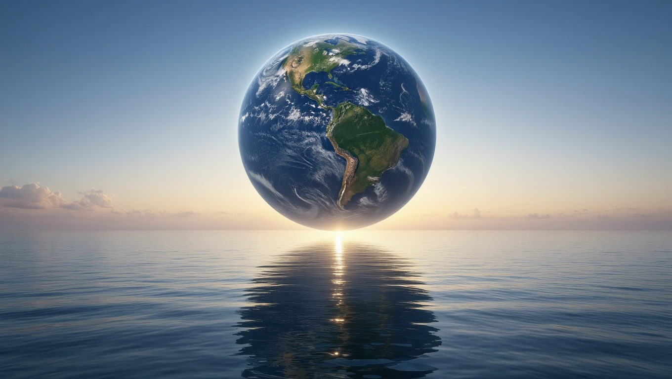 Mit jelent földgömbről álmodni? – Részletes álomfejtés és értelmezés Egy földgömb lebeg a víz felett, a naplemente fényében ragyogva.