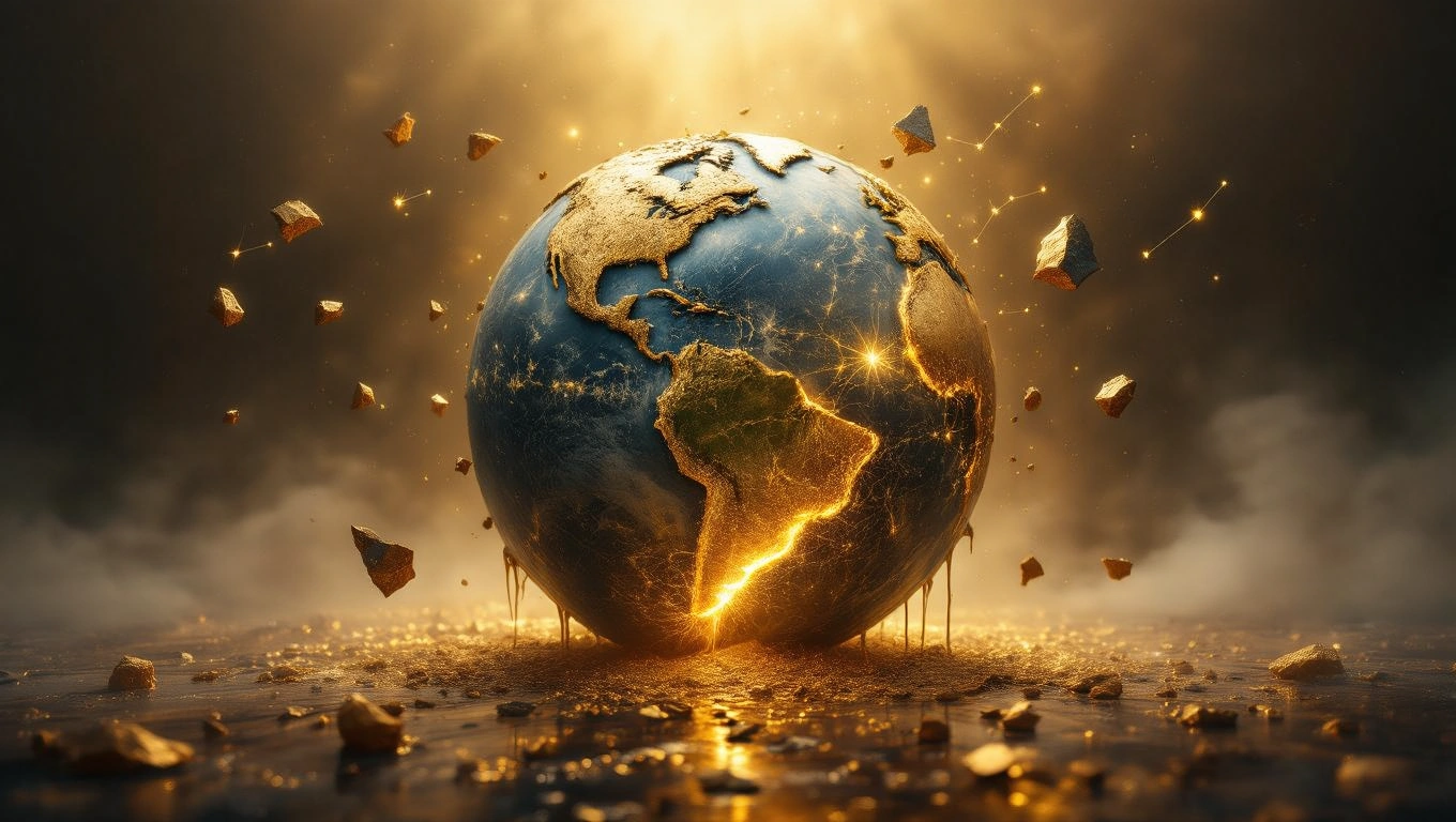 Mit jelent földgömbről álmodni? – Részletes álomfejtés és értelmezés Egy földgömb, aranyszínű fényekkel és repedésekkel, lebegő kövekkel körülvéve.