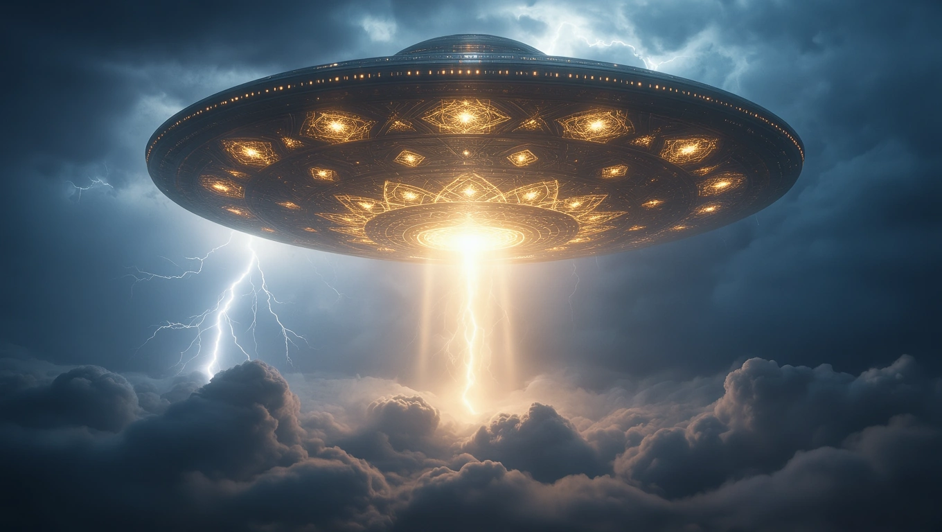 Mit jelent földönkívüli űrhajóval álmodni? – Részletes álomfejtés és értelmezés Egy földönkívüli űrhajó lebeg a felhők felett, fénycsóvát bocsátva ki.