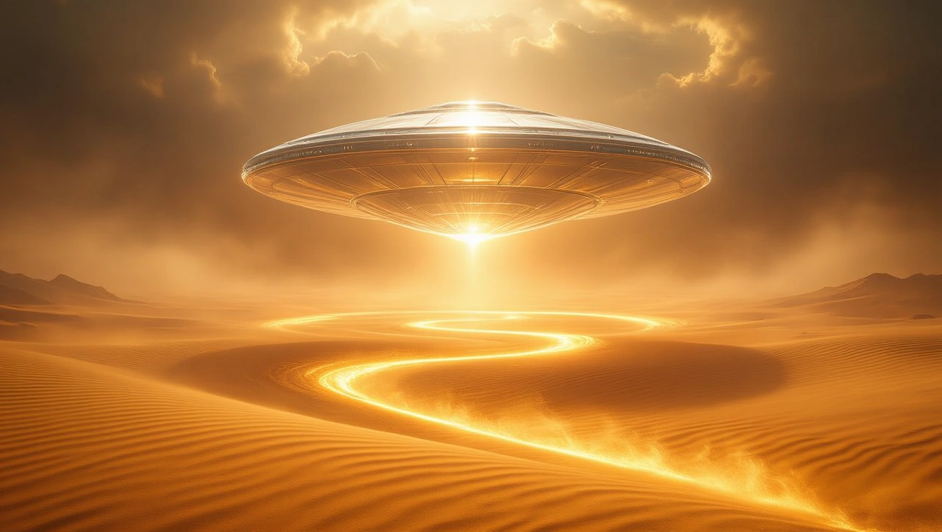 Mit jelent földönkívüli űrhajóval álmodni? – Részletes álomfejtés és értelmezés Egy földönkívüli űrhajó lebeg a homokdűnék felett, aranyszínű fényben.