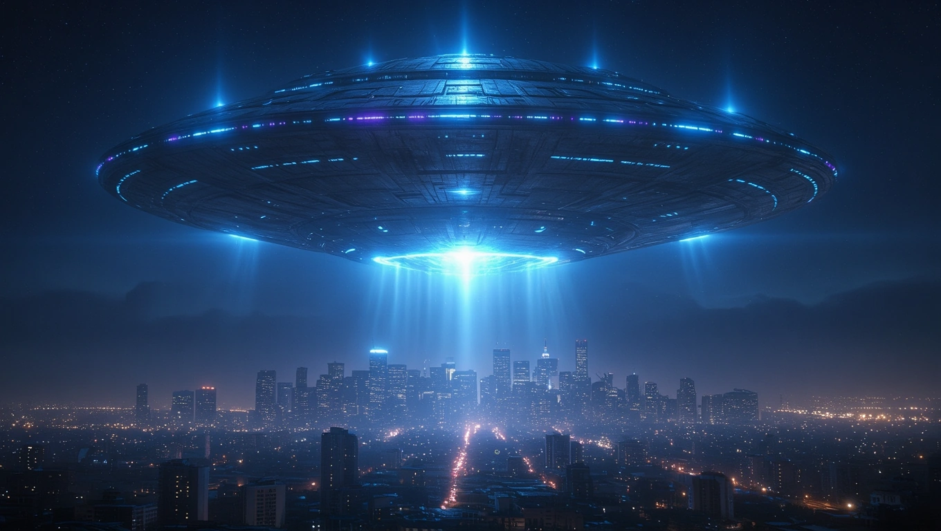 Mit jelent földönkívüli űrhajóval álmodni? – Részletes álomfejtés és értelmezés Egy földönkívüli űrhajó lebeg egy város felett, kék fényekkel világítva.