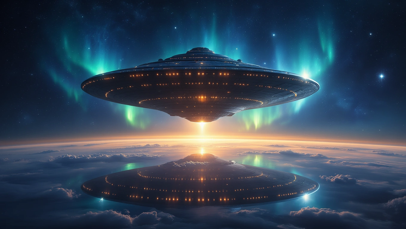 Mit jelent földönkívüli űrhajóval álmodni? – Részletes álomfejtés és értelmezés Egy földönkívüli űrhajó lebeg az éjszakai égbolton, színes aurorával körülvéve.