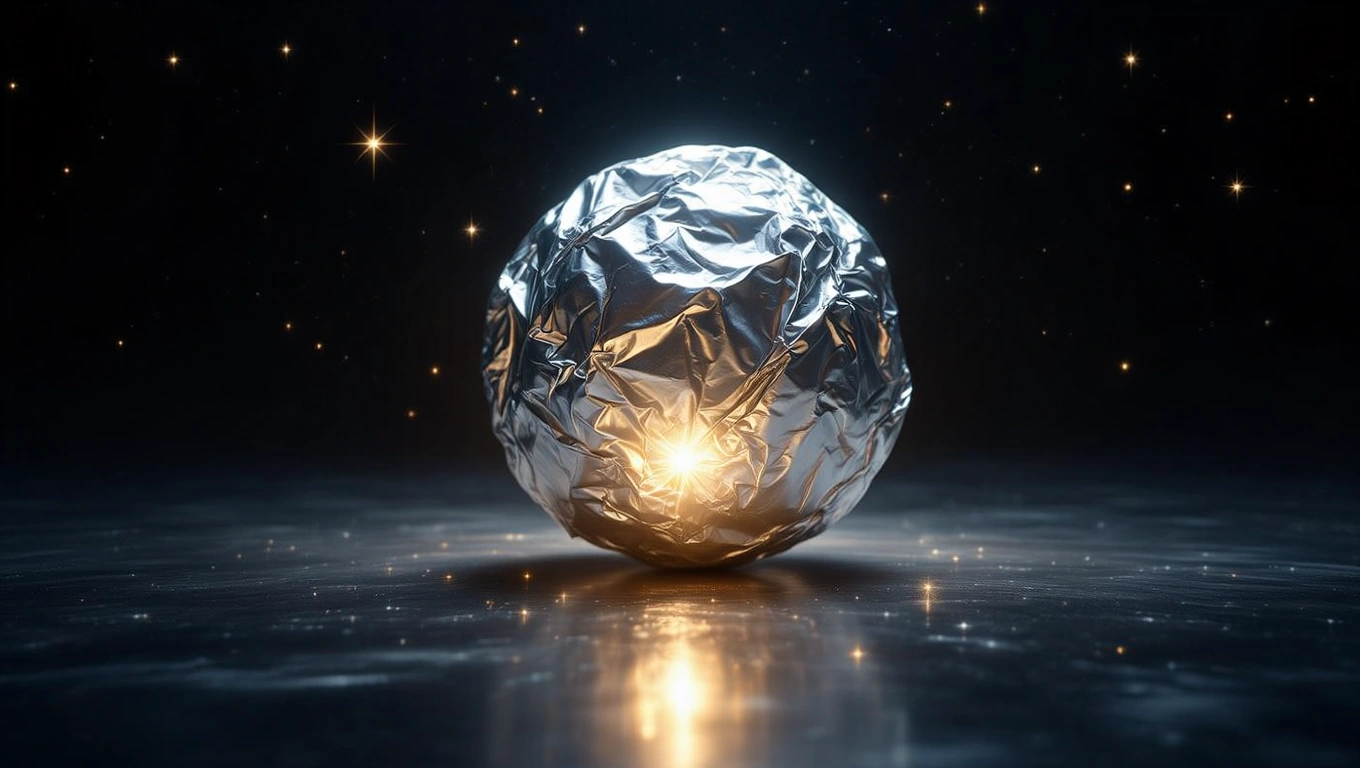 Mit jelent fóliával álmodni? – Részletes álomfejtés és értelmezés Egy fénylő fólia gömb, amely csillagokkal teli háttér előtt áll.