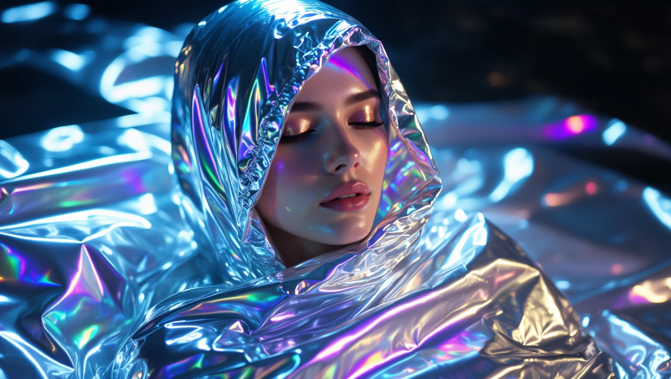 Mit jelent fóliával álmodni? – Részletes álomfejtés és értelmezés Egy nő fényes fóliába burkolózva, álmos arckifejezéssel, színes fényekben.