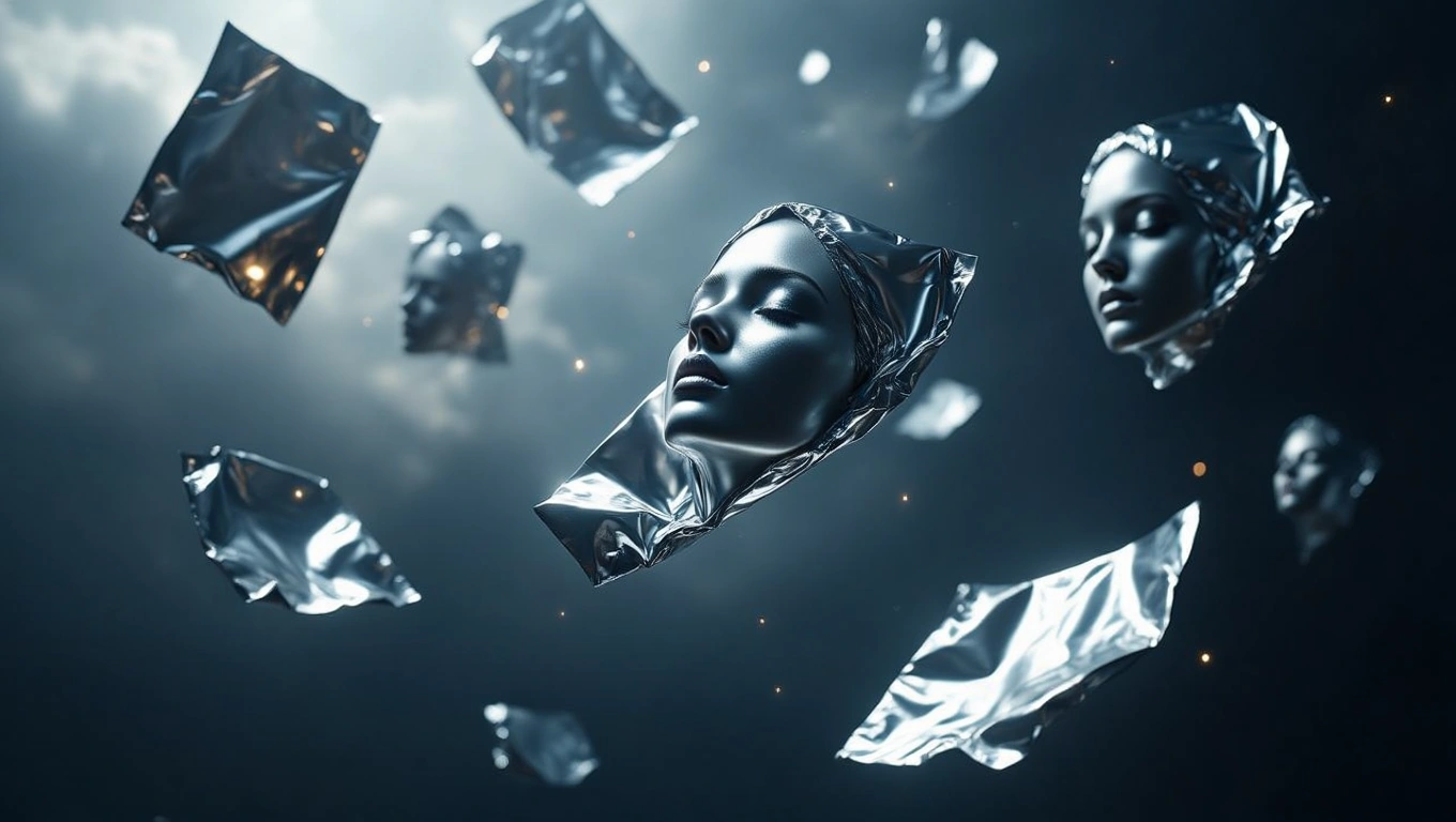 Mit jelent fóliával álmodni? – Részletes álomfejtés és értelmezés Fóliával borított arcok lebegnek egy sötét háttér előtt, titokzatos hangulatot árasztva.
