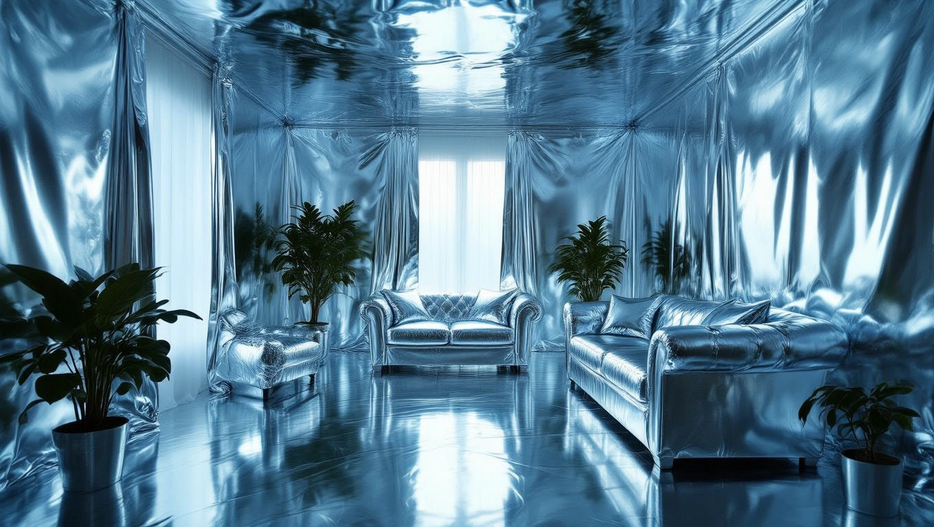 Mit jelent fóliával álmodni? – Részletes álomfejtés és értelmezés Egy fényes, ezüst fóliával borított szoba, növényekkel és bútorokkal.