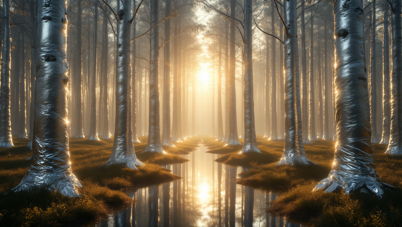 Mit jelent fóliával álmodni? – Részletes álomfejtés és értelmezés Egy erdő fái fóliával borítva, napfény szűrődik át a fák között.