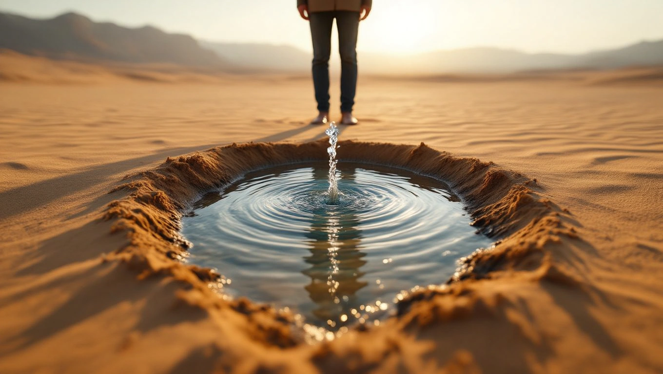 Mit jelent forrásról álmodni? – Részletes álomfejtés és értelmezés Egy forrás, amely vízzel telik meg a sivatagban, háttérben egy ember áll.