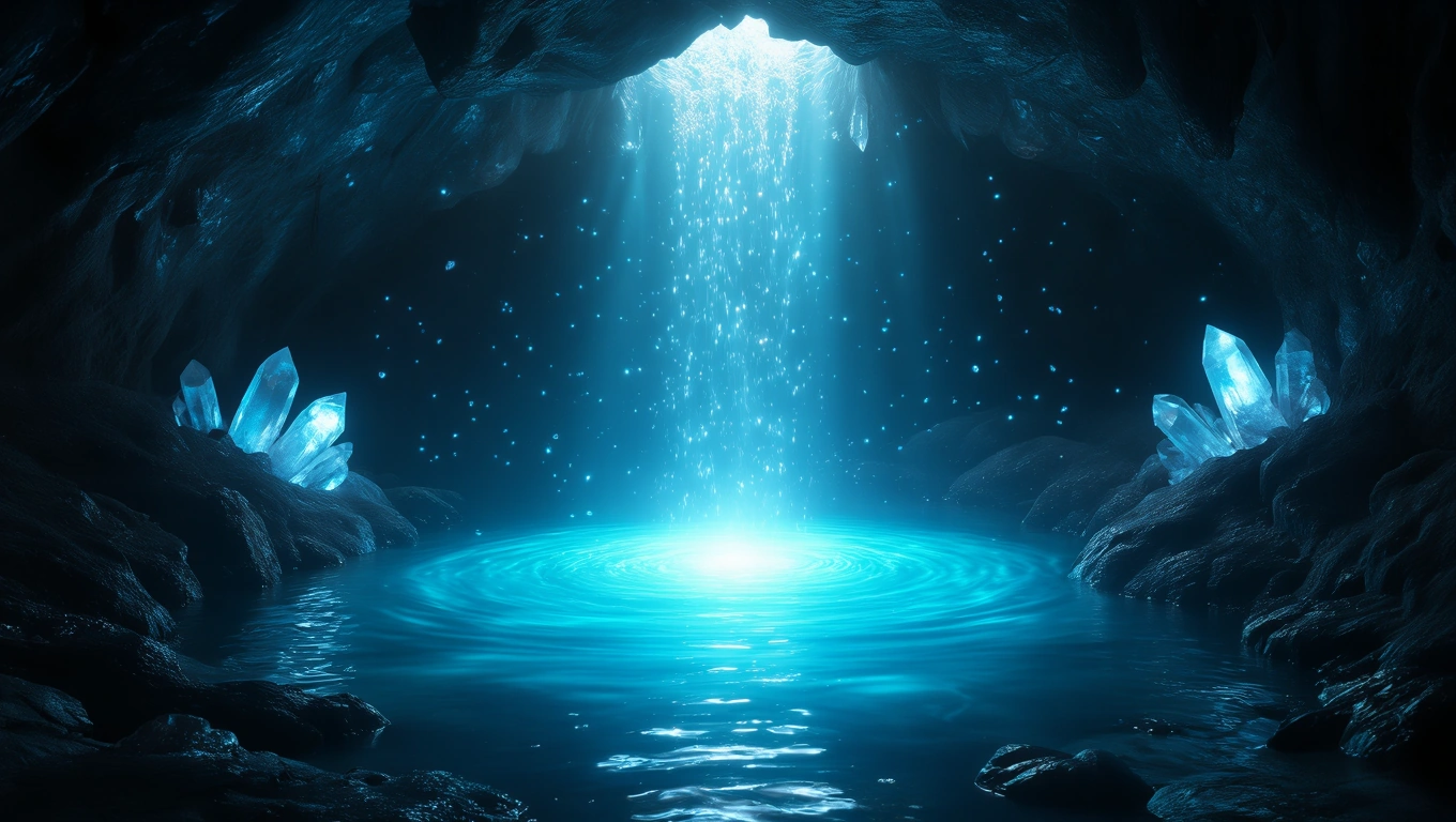 Mit jelent forrásról álmodni? – Részletes álomfejtés és értelmezés Egy barlangban található forrás, kristályokkal körülvéve, csillogó vízeséssel.