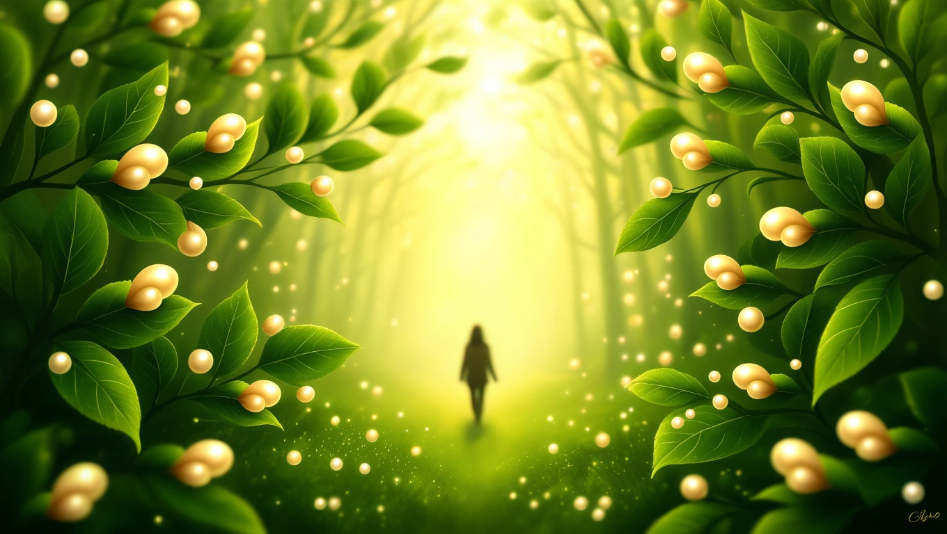 Egy zöld erdőben sétáló alak, körülötte fénylő levelek és bogyók.