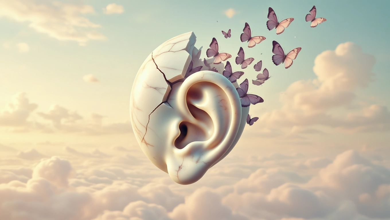 Egy törött fülből pillangók szállnak fel a felhők felett.
