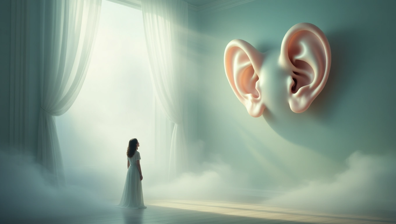 Egy nő áll egy hatalmas fül előtt, álomszerű környezetben, fényekkel és köddel.