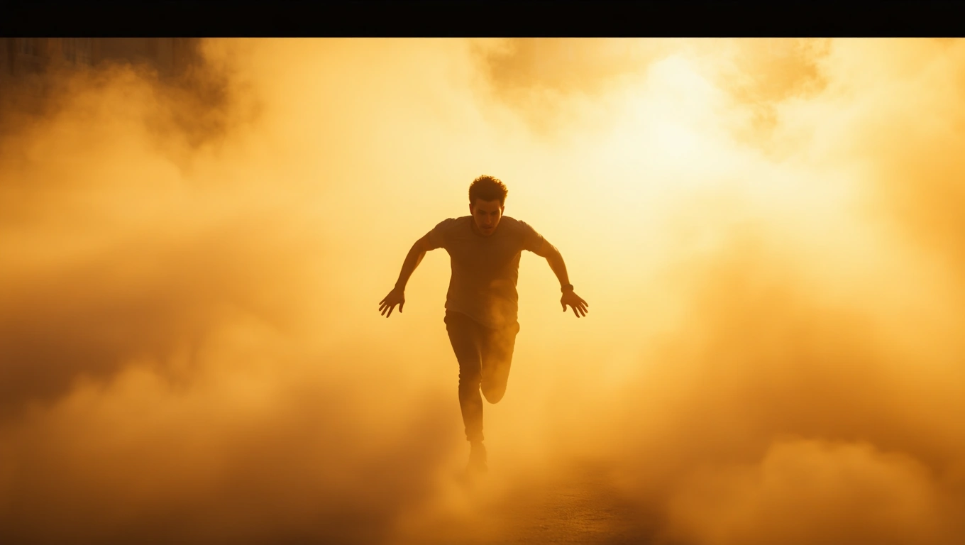 Mit jelent arról álmodni, hogy hiába próbálkozol? – Részletes álomfejtés és értelmezés Egy fiatal férfi fut a ködben, a háttérben narancssárga fényekkel.