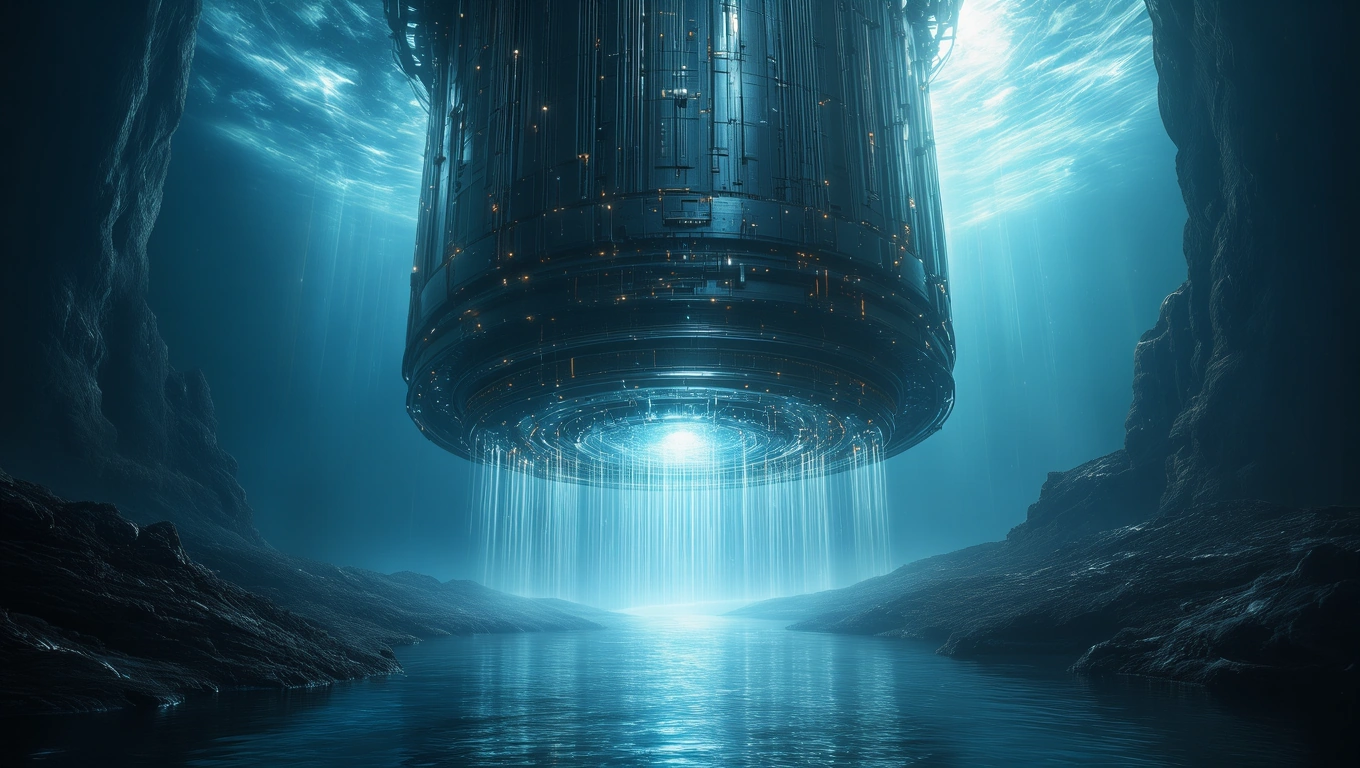 Mit jelent mesterséges intelligenciával álmodni? – Részletes álomfejtés és értelmezés Egy futurisztikus, fénylő szerkezet lebeg a víz felett, titokzatos környezetben.