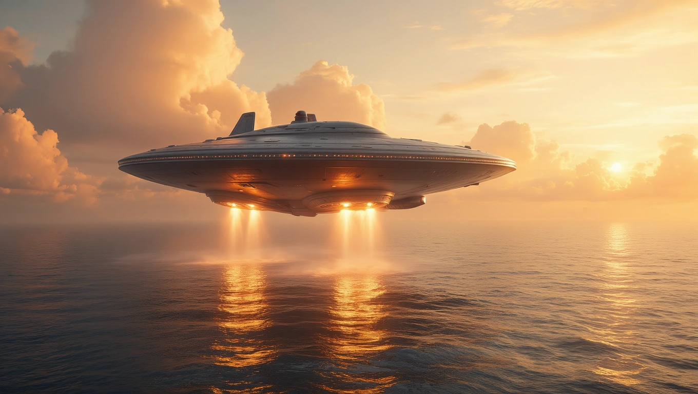 Mit jelent anyahajóval álmodni? – Részletes álomfejtés és értelmezés Egy futurisztikus anyahajó lebeg a víz felett naplementében.