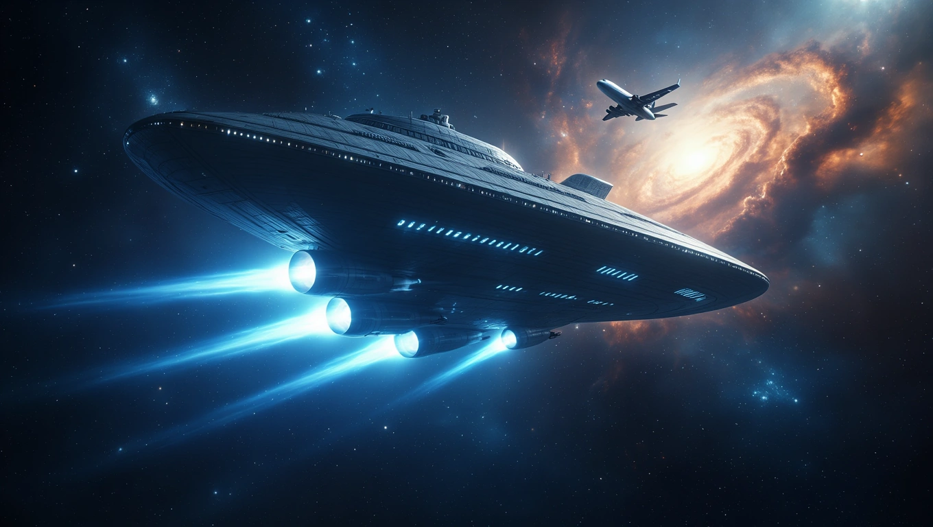 Mit jelent anyahajóval álmodni? – Részletes álomfejtés és értelmezés Egy futurisztikus anyahajó lebeg az űrben, mögötte egy repülőgép látható.
