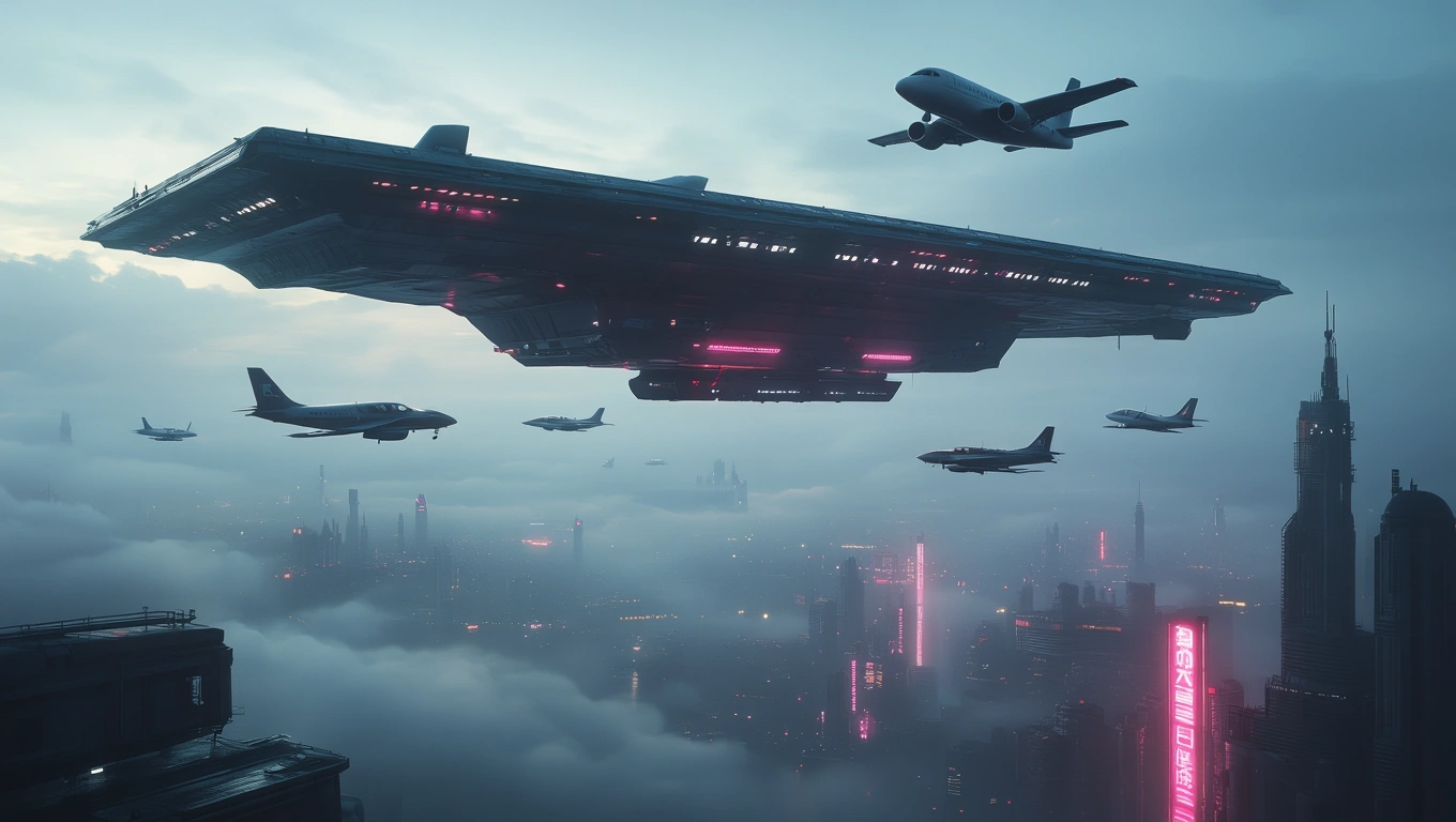 Mit jelent anyahajóval álmodni? – Részletes álomfejtés és értelmezés Futurisztikus anyahajó lebeg a város felett, körülötte repülőgépek.