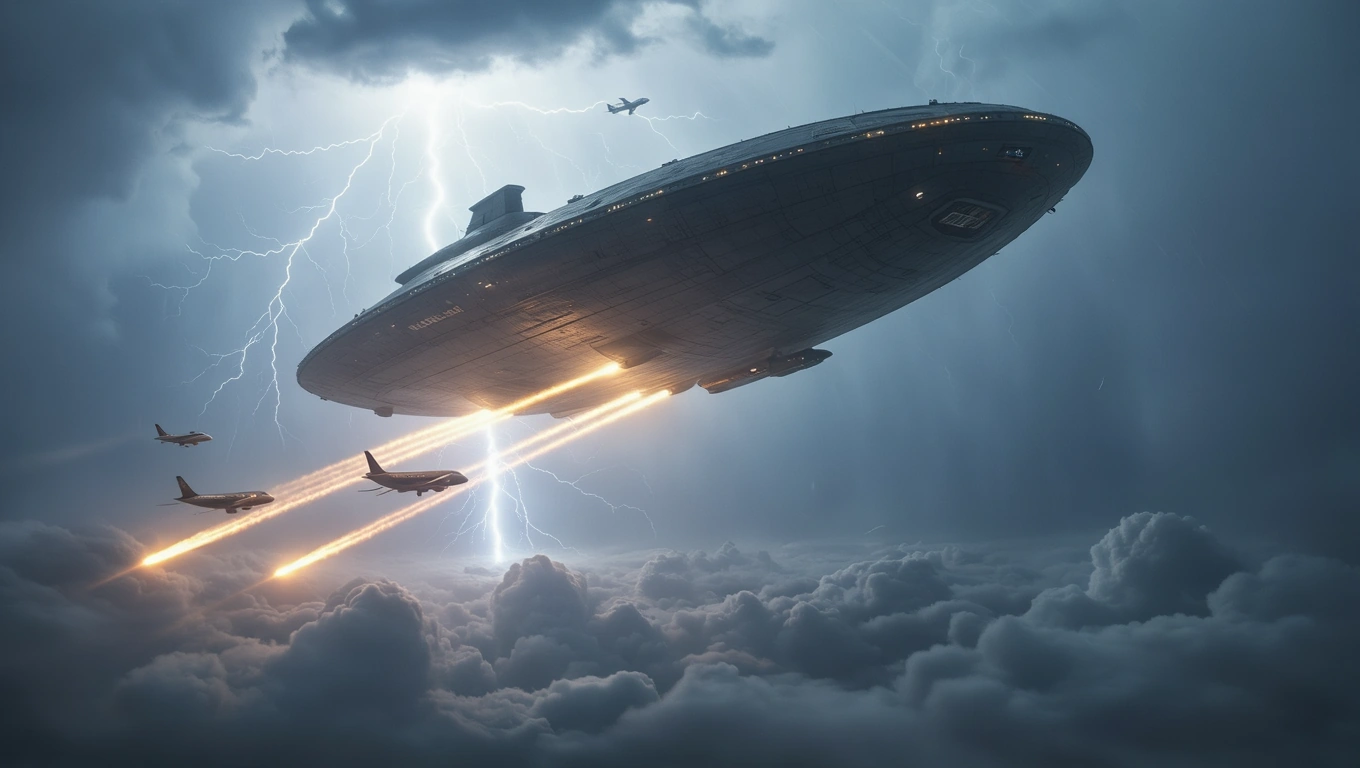 Mit jelent anyahajóval álmodni? – Részletes álomfejtés és értelmezés Egy futurisztikus anyahajó lebeg a viharos felhők felett, repülőgépekkel körülvéve.