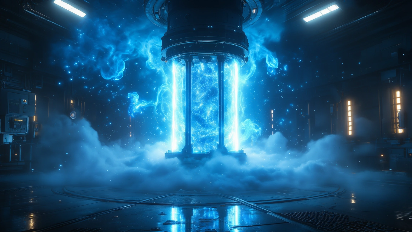 Mit jelent atomerőműről álmodni? – Részletes álomfejtés és értelmezés Egy futurisztikus atomerőmű belső tere, kék fények és gőz között.