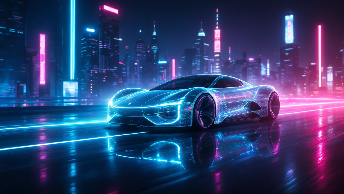 Mit jelent kocsival álmodni? – Részletes álomfejtés és értelmezés Futurisztikus autó neonfényekkel egy városi környezetben, álomfejtéshez kapcsolódóan.
