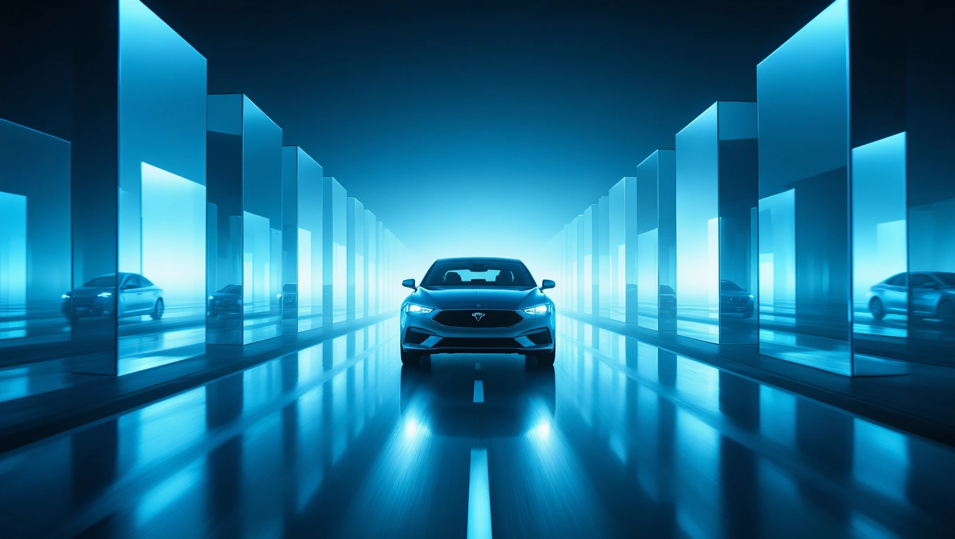 Mit jelent kocsival álmodni? – Részletes álomfejtés és értelmezés Egy modern autó halad egy futurisztikus, kék fényekkel megvilágított úton.