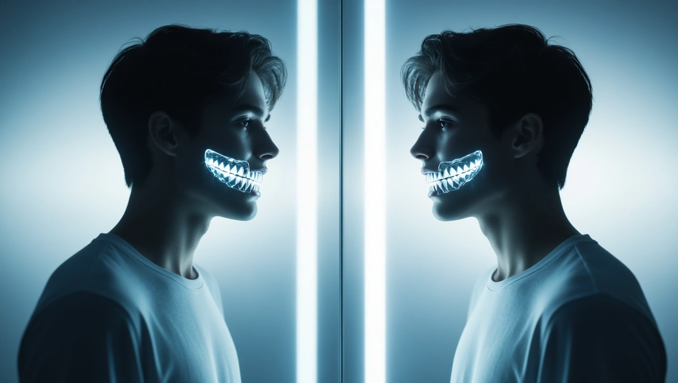 Mit jelent fogászattal álmodni? – Részletes álomfejtés és értelmezés Két fiatal férfi profilja, világító fogsorral az arca előtt, futurisztikus háttérben.