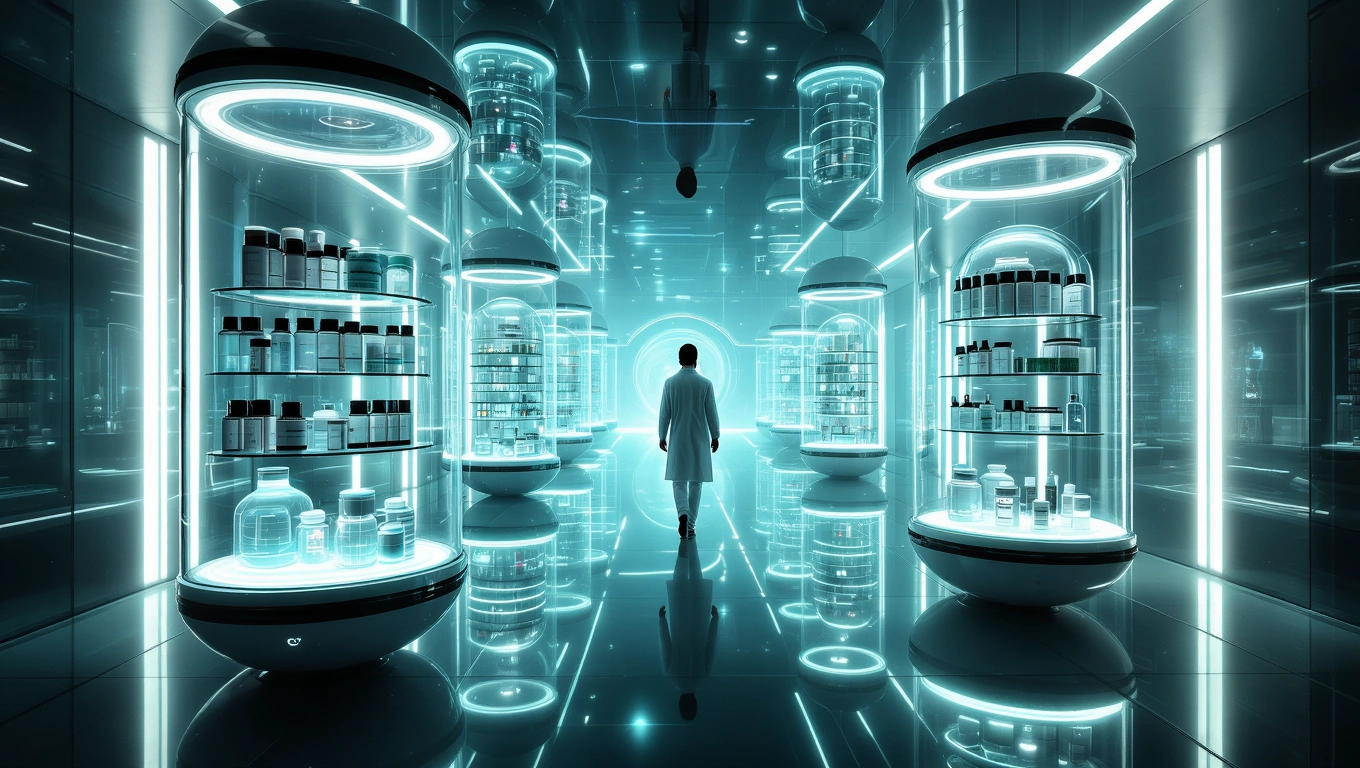Mit jelent gyógyszerekkel álmodni? – Részletes álomfejtés és értelmezés Egy futurisztikus gyógyszertár belső tere, üvegpolcokkal és fényekkel.